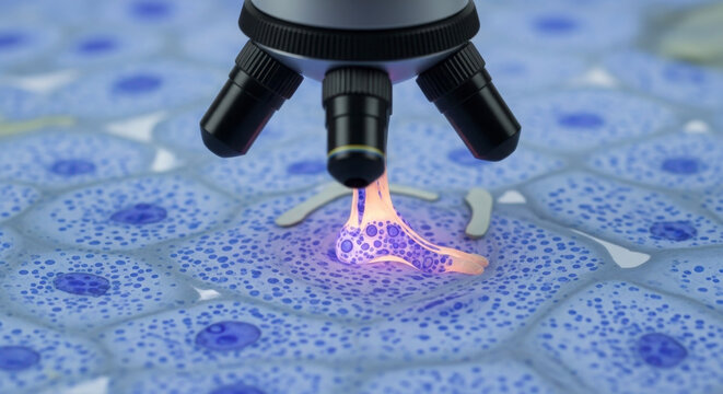 Microscope Examining Cellular Structures Under Magnification