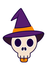 Cute Cartoon Halloween Skull Character Wearing Witch Hat Isolated Illustration
