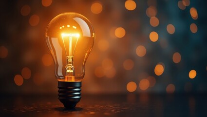 Illuminated light bulb against a blurred background with warm bokeh effects. The light bulb's filaments glow brightly, casting a warm, inviting light.