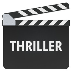 Thriller concept with movie clapperboard. 3D rendering