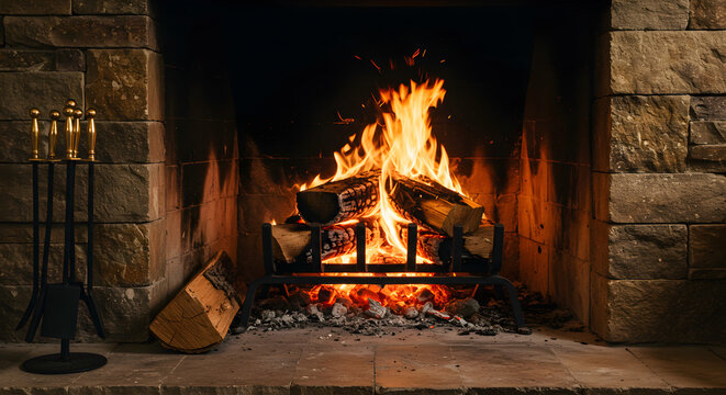burning firewood in the fireplace