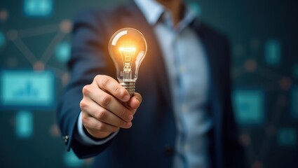 A man in a suit holds a glowing lightbulb, representing a new idea or innovation against a blurred background, suggesting technology or data visualization with a touch of creativity and conceptual...