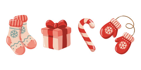 Winter set with socks, present, candy cane and mittens in red color. Hand drawn cartoon vector illustration on white background. 