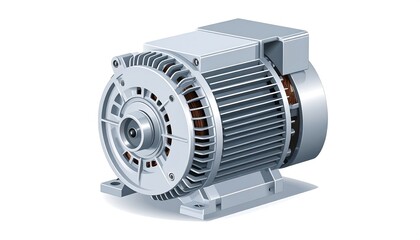 A detailed, three-quarter view of a modern electric motor, showcasing its complex components and metallic design against a plain white background.