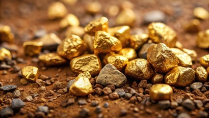 Small gold nuggets scattered on a rough dirt surface, surrounded by earthy tones and pebbles, with a sense of discovery and excavation , treasure hunt, close-up
