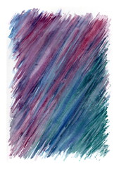 An abstract watercolor painting executed with diagonal brushstrokes. The color scheme features smooth transitions from rich burgundy and purple tones to deep blue-green hues.