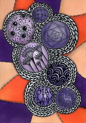 An abstract compositional drawing in the Zentangle style. Several intertwined circles with patterns inside create a complex mosaic. Each circle contains a unique pattern. 