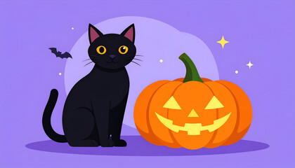 Fototapeta premium Black Cat and Jack-o-Lantern on Halloween Night with Full Moon and Stars.