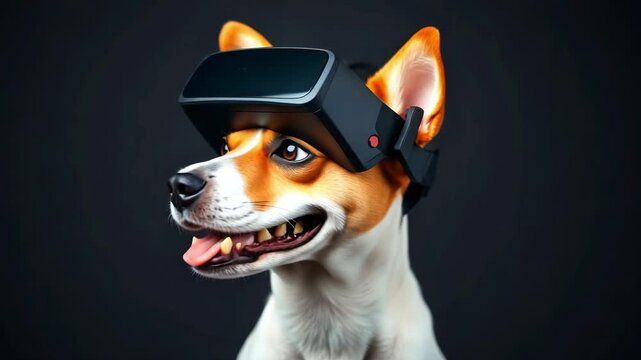 A Jack Russell puppy wearing virtual reality goggles against a black studio background. The dog is testing out modern technology, animal therapy - Powered by Adobe