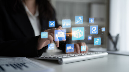 Goods delivery tracking icons show shipping, goods delivery routes, and loEnticeics monitoring. Goods delivery tracking ensures timely goods delivery, secure handling, and accurate tracking. Entice