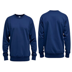 Front & back view of a navy blue, crewneck sweatshirt, isolated on black backdrop