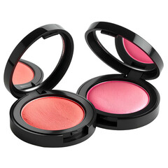 Two open compacts display blush powders in coral & pink shades with mirrors