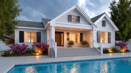 Large white house with a pool and a porch. The house is surrounded by trees and bushes