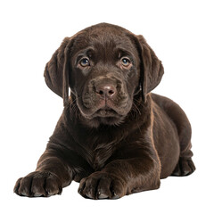 A close-up shot of a chocolate-brown Labrador puppy lying down, gazing directly forward
