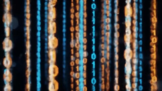 Abstract Digital Matrix of Blue and Orange Binary Code Streams Falling Down