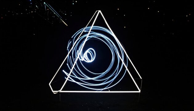 Geometric formation of illuminated lines creates a luminous spiral design within a triangular structure against a darkened background.