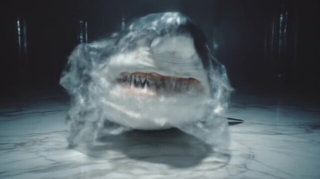 Shark head in plastic wrap conceptual art and artistic expression