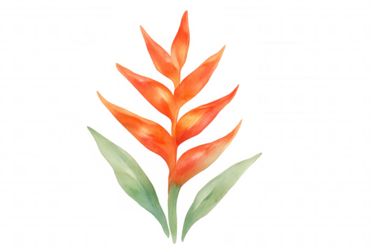 Heliconia flower watercolor painting, a vibrant tropical botanical design featuring orange petals and green leaves. Transparent background