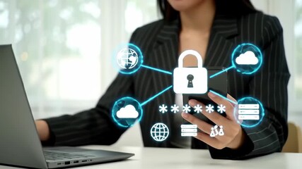 Businesswoman Securing Digital Data With Laptop And Smartphone Cyber Security Network - Powered by Adobe