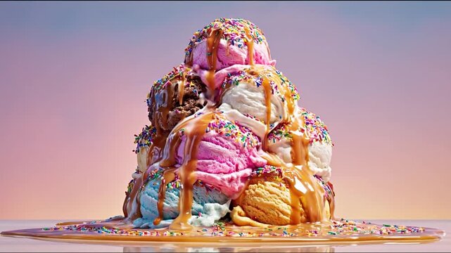 Colorful ice cream sundae sweet dessert treat with caramel drizzle