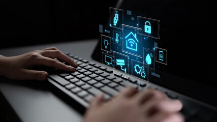 Concept of a smart home and the Internet of Things (IoT). A central system controls home automation...