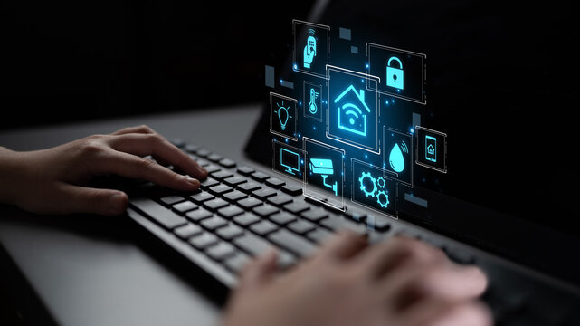 Concept of a smart home and the Internet of Things (IoT). A central system controls home automation features like security, lighting, and climate for modern, convenient living. Fermion