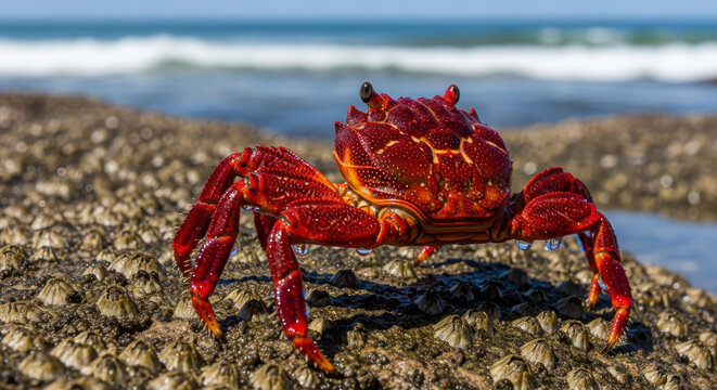 Vibrant Red Crab Scuttling Across Rocky Shoreline with Ocean Waves