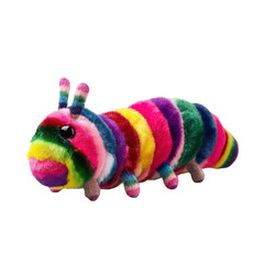 Colorful plush caterpillar with segmented body on white background