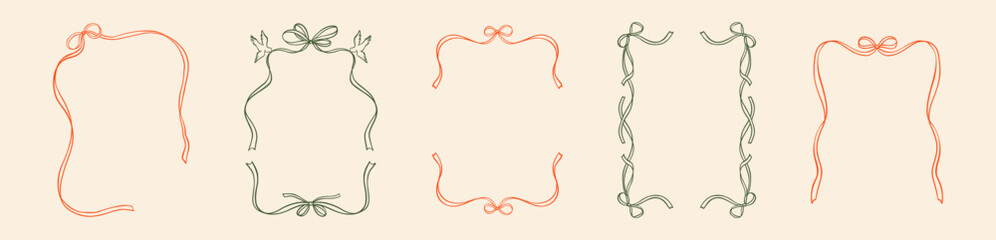 Set of hand drawn doodle coquette whimsical bow ribbon frames and borders. Romantic feminine girly decoration for Christmas and Valentines day cards, restaurant, picnic, birthday, wedding invitation