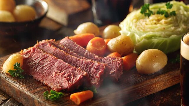 Corned beef and cabbage on the table with smoke