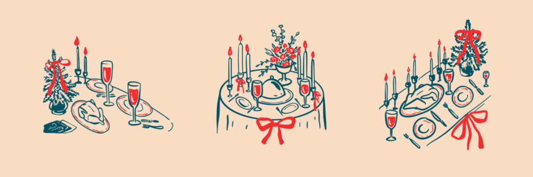 Christmas holiday dinner table set. Hand drawn crayon doodle vector illustration. New Year eve festive table in coquette style. Fine dining restaurant xmas menu design with wine, champagne, turkey