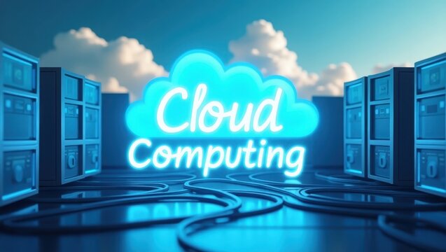 Bright neon cloud shape with "Cloud Computing" text glows against a backdrop of data servers, connecting cables, and a beautiful sky with fluffy white clouds to create a futuristic and technology...