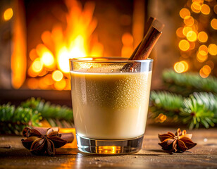 Hot chocolate drink with cinnamon in a Christmas atmosphere