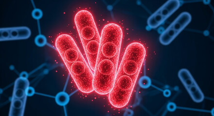 Glowing red bacteria against a blue molecular background.