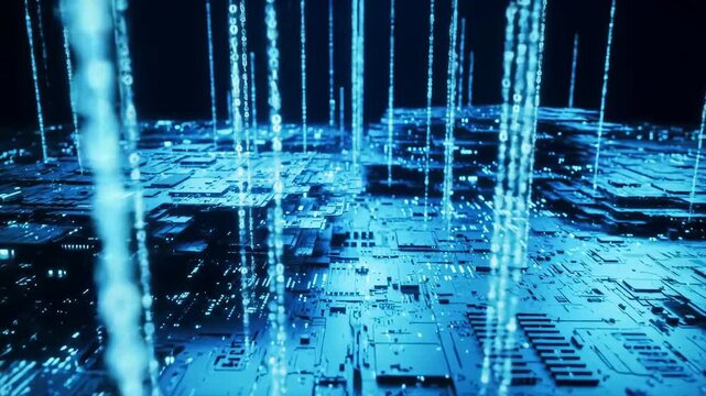 Digital Futuristic Circuit Board With Blue Binary Code Falling In Dark Abstract Background