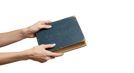 Hands holding an old blue book isolated on transparent background PNG