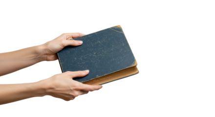 Hands holding an old blue book isolated on transparent background PNG