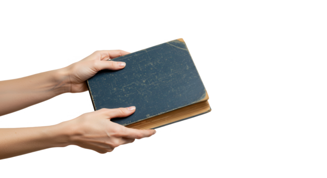 Hands holding an old blue book isolated on transparent background PNG