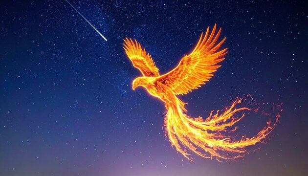 Fiery creature, illuminated with bright burning flames, soars through the expansive night sky filled with countless stars, alongside a shooting celestial object with an ethereal glow, symbolizing...