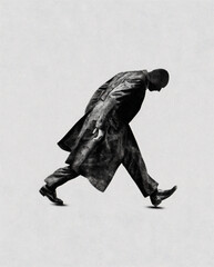 Black and white, people walking with their heads bowed.