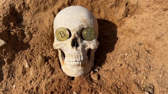 Skull with Bitcoin as death wealth. Human skull with crypto coins in grave. Skeleton with Bitcoin coins. Bitcoin skull on ground on sunset. Crypto addiction Cryptocurrency trading, problemgambling.
