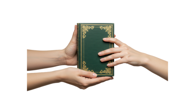 Hands holding an old green book isolated on transparent background PNG
