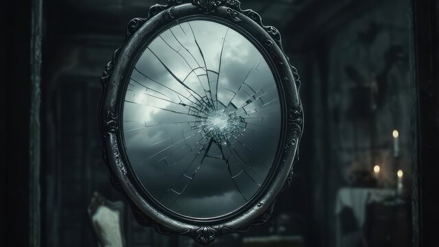 Broken antique mirror reflecting stormy sky