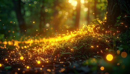 Vivid sunlight streams through the forest, illuminating the ground with sparkling, golden orbs, creating a dreamy ambiance near tree trunks and lush vegetation in a verdant woodland setting.