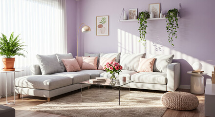 Bright living room with comfortable sofa and stylish decor in a modern home design on transparent background