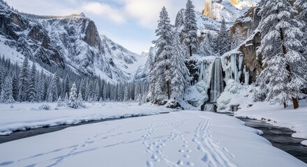 Snowy Mountain Landscape with Frozen Waterfall and River.