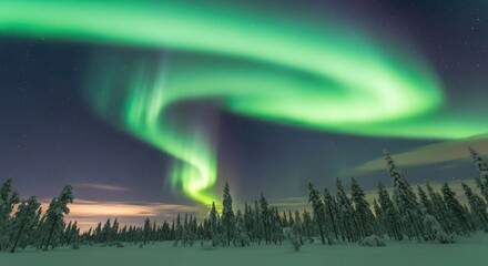 Stunning green aurora borealis dancing across the night sky above snowy trees.