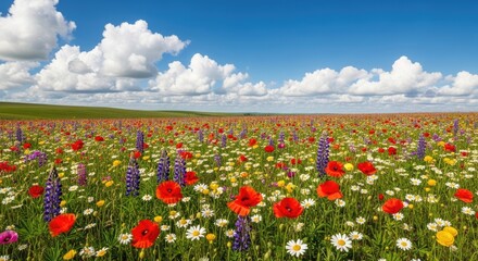 Vibrant Field of Wildflowers Under a Bright Blue Sky.