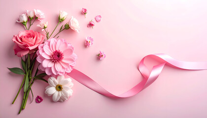 Fototapeta premium Beautiful bouquet of pink flowers and a satin ribbon on a pastel background.