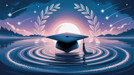 Graduation Cap on Water at Sunset with Laurel Wreath and Shooting Stars, Dreamy Inspirational Education Concept Art